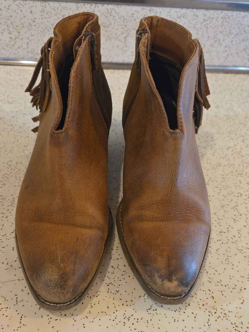 Diba True Women's Leather Fringe Ankle Booties Side Zip 1.75" Block Heel Tan 7.5 - Picture 6 of 11
